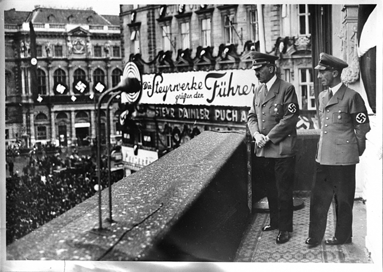 Adolf Hitler and Joseph Goebbels on the balcony of Hotel Imperial in Vienna